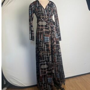 Vintage Sears Geometric Abstract Wrap Dress Black Brown Maxi Long Sleeve 12/14